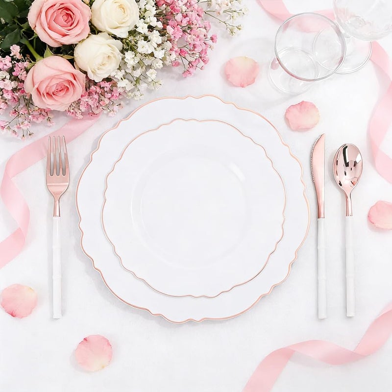 WDF 60pcs Rose Gold Plastic Plates-Baroque White &Rose Gold Disposable Plates including 30Plastic Dinner Plates 10.25inch, 30 Salad Plates 7.5inch for Wedding, Parties, Valentines Day - Image 2